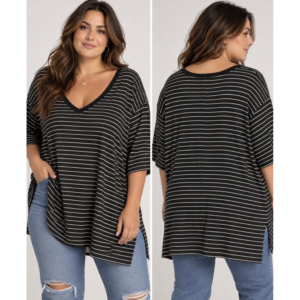 Torrid Tunic Soft Knit Tee 5X Black White Striped V-Neck Side Slit Casual Comfor